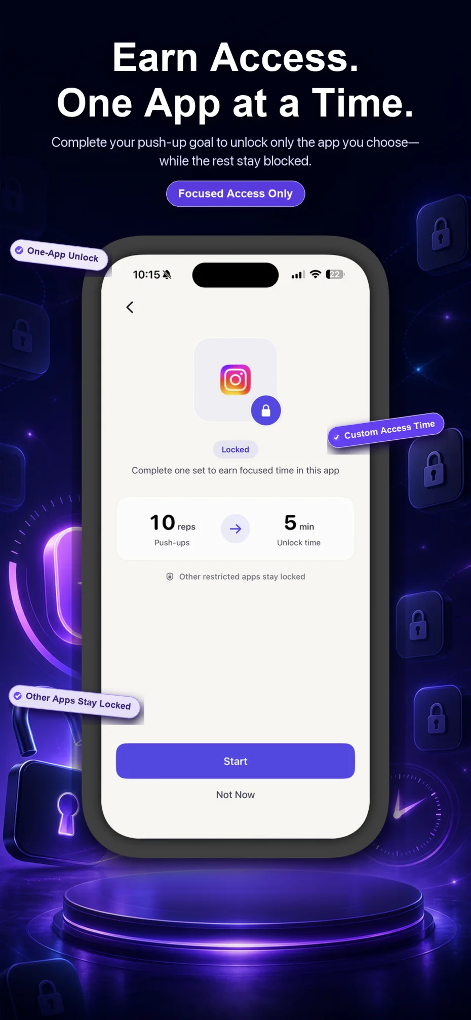PushUp Unlock screen time blocker unlocking one iPhone app while other apps stay blocked
