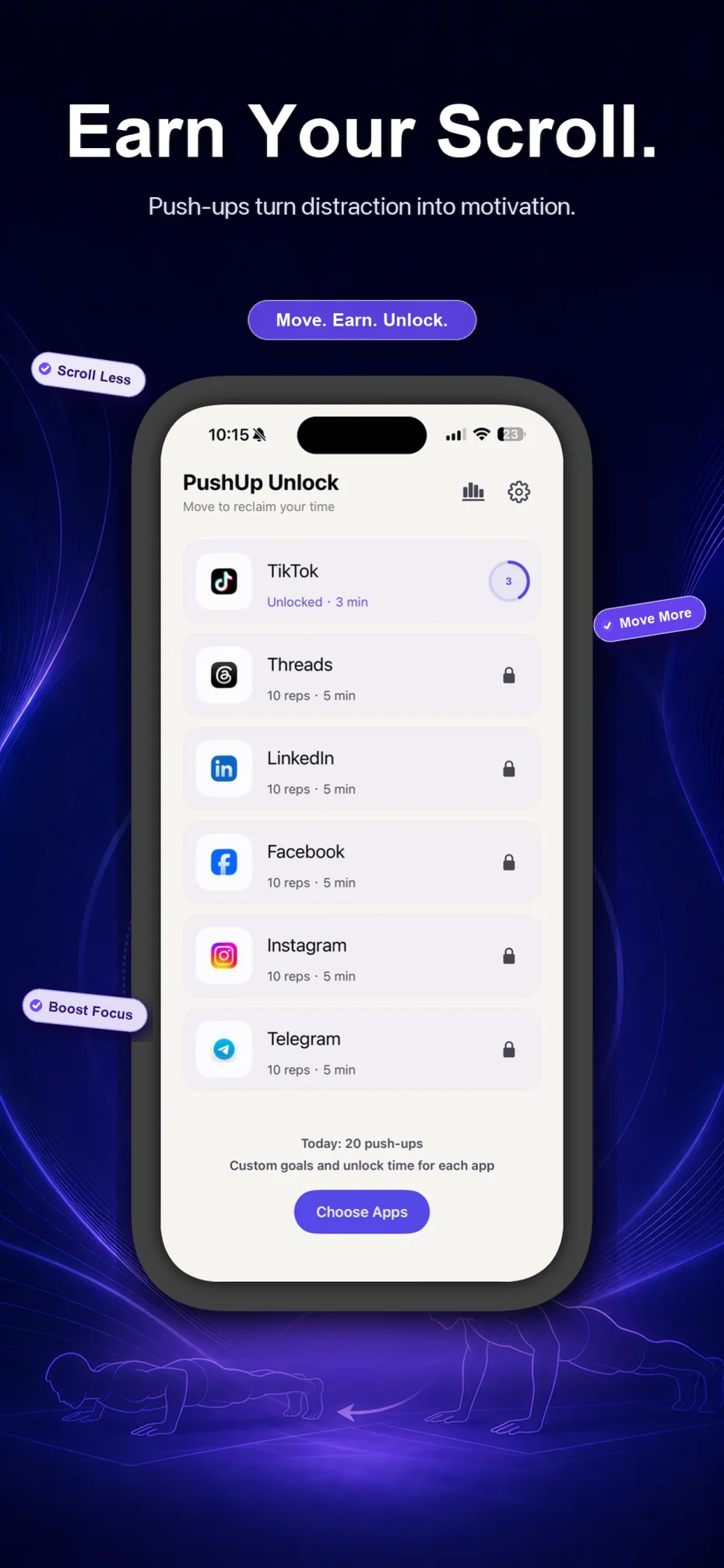 PushUp Unlock app blocker for iPhone showing distracting apps and custom screen time rules